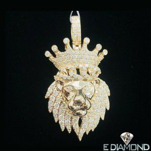 10k Solid Gold, 2.63 Carats Lion Head Natural Diamond Pendant.